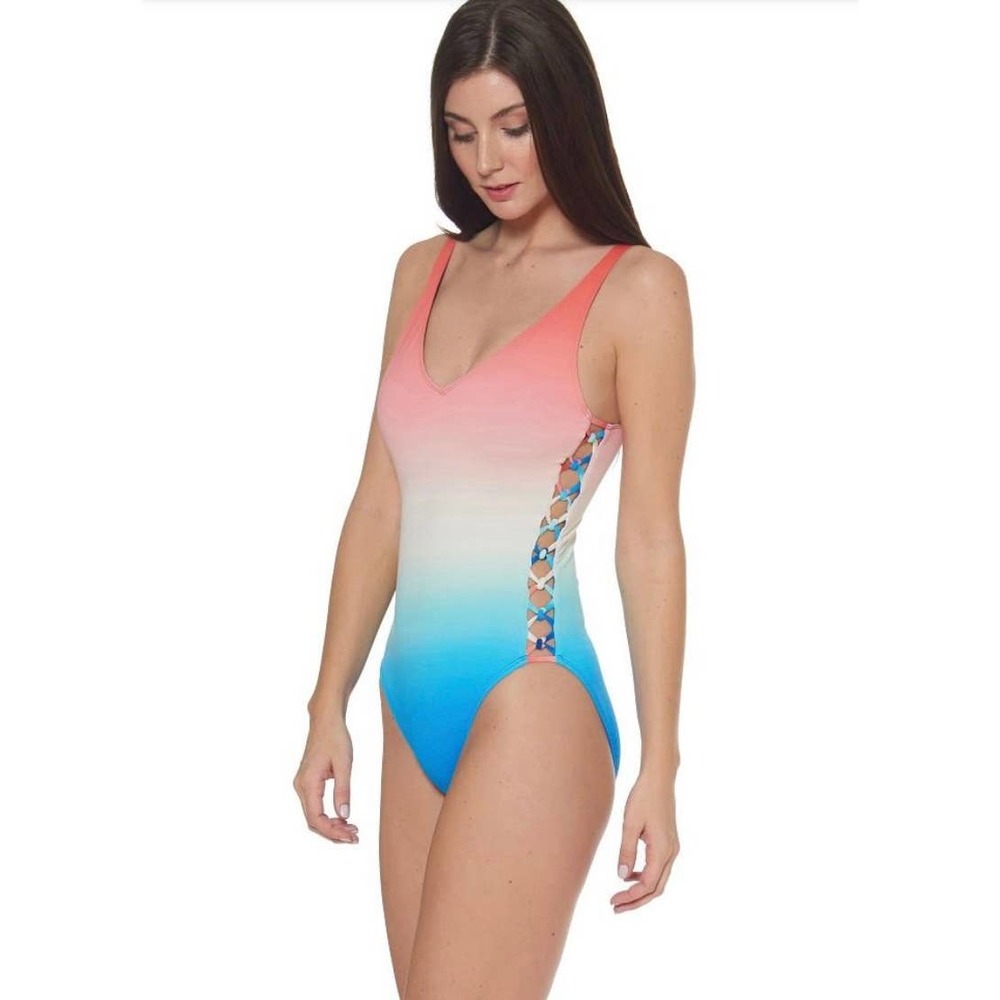 Bleu Rod Beattie Coral to Blue Ombre One-Piece Swimsuit with Lattice Sides